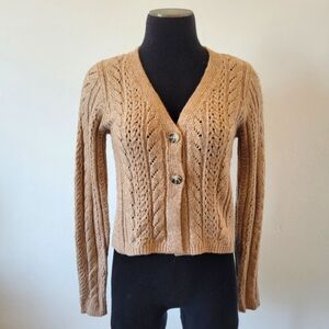 Happily Grey Cardigan Sweater Cropped Short Chenille Cable Knit Fisherman XS